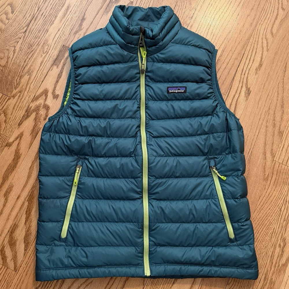 Patagonia Men's Medium Down Sweater Vest Blue Green Full Zip Puffer Goose Down